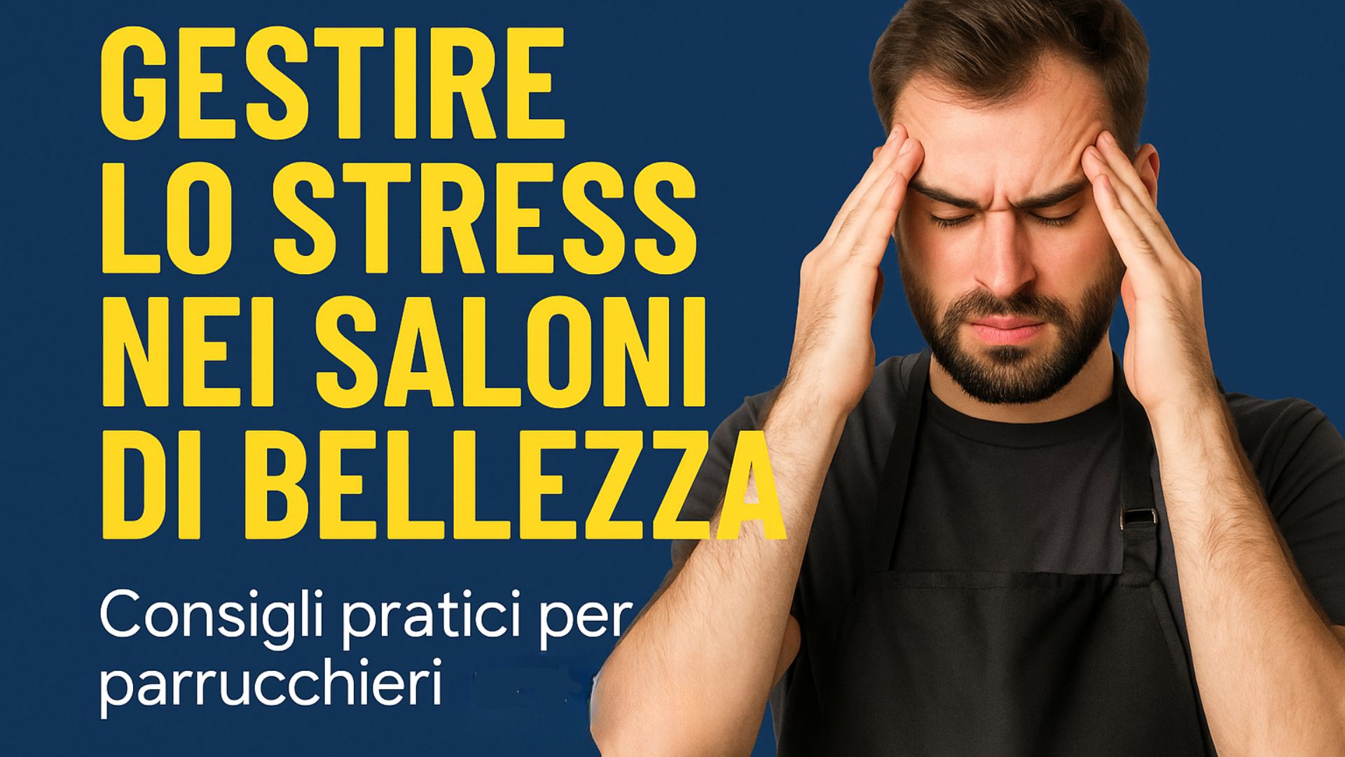 Parrucchiere stanco in salone con forbici e phon sullo sfondo, concetto di stress e burnout nel settore beauty.