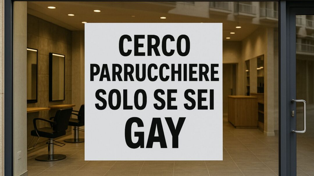 Vetrina di un salone di parrucchiere a Montesilvano con un cartello che recita: “Cerco parrucchiere solo se sei gay”.