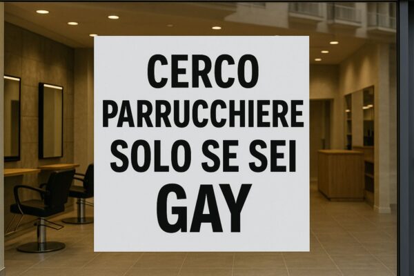Vetrina di un salone di parrucchiere a Montesilvano con un cartello che recita: “Cerco parrucchiere solo se sei gay”.