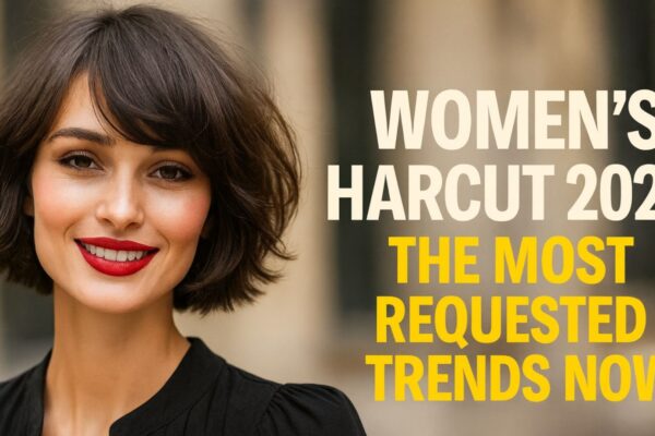 Portrait of a smiling woman with a modern bob haircut, alongside text introducing women’s haircut trends for 2025.