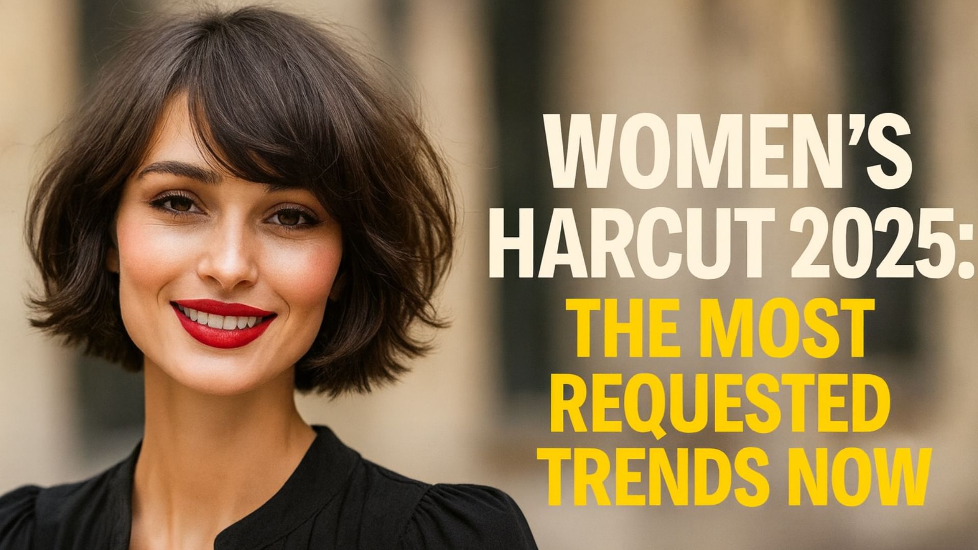 Portrait of a smiling woman with a modern bob haircut, alongside text introducing women’s haircut trends for 2025.