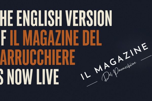 Editorial cover image announcing the launch of Il Magazine del Parrucchiere in English, minimalist black-and-white design with bold typography.