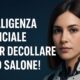 Donna con look futuristico in stile robotico accanto alla scritta “L’intelligenza artificiale può far decollare il tuo Salone”, su sfondo blu con dettagli tecnologici.