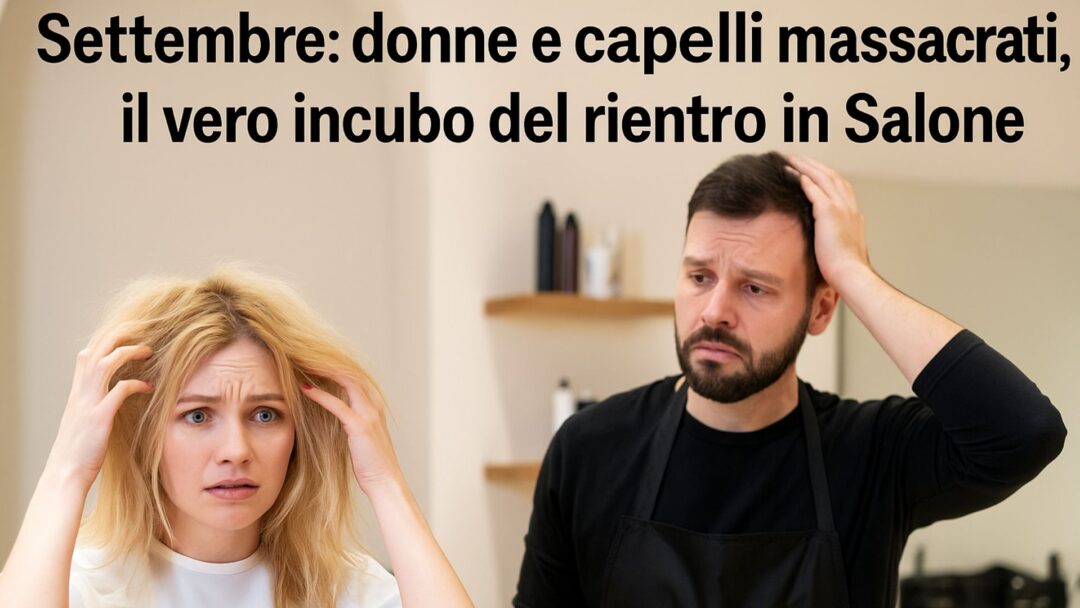 Donna bionda con capelli massacrati e parrucchiere sconsolato in salone, copertina ironica sullo stress da rientro di settembre.