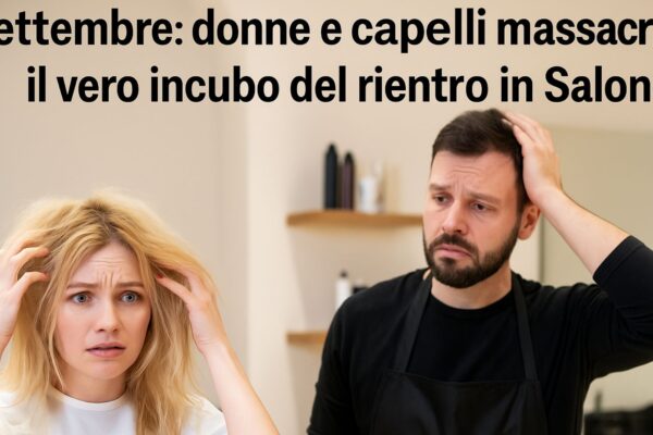 Donna bionda con capelli massacrati e parrucchiere sconsolato in salone, copertina ironica sullo stress da rientro di settembre.