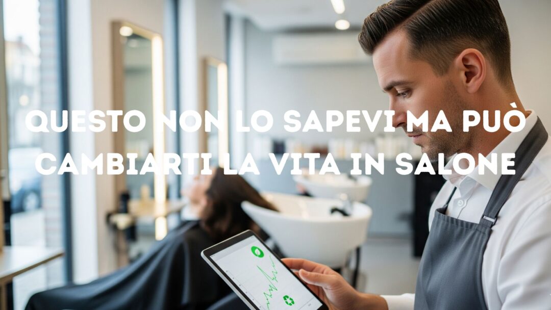 Parrucchiere consulta un tablet con grafico green in salone, con testo “Questo non lo sapevi ma può cambiarti la vita in salone"