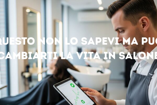 Parrucchiere consulta un tablet con grafico green in salone, con testo “Questo non lo sapevi ma può cambiarti la vita in salone"