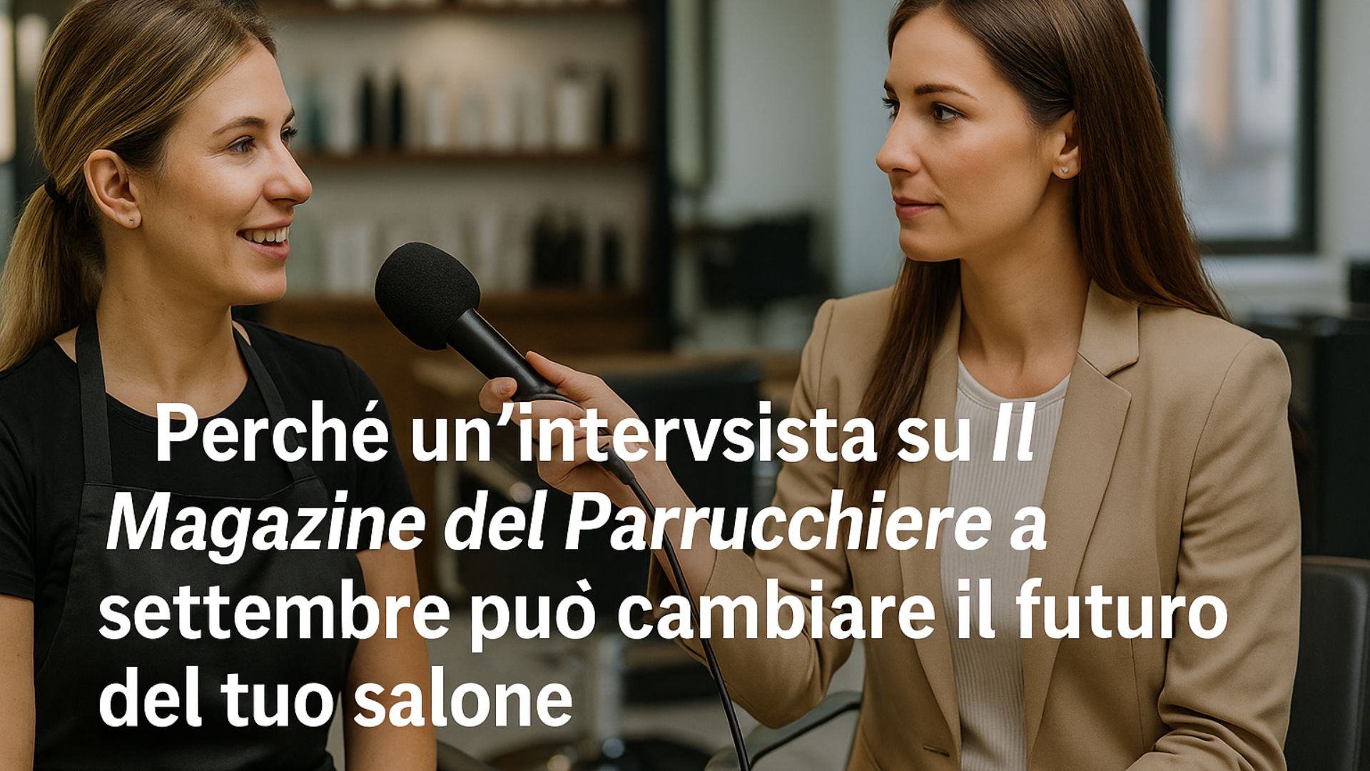 Sara intervista una parrucchiera in salone durante un incontro per Il Magazine del Parrucchiere.