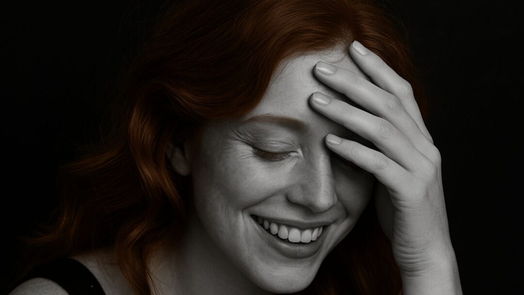 Ragazza sorridente con capelli copper soft ondulati, fotografia in bianco e nero con capelli colorati.