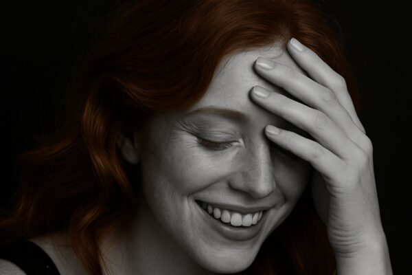 Ragazza sorridente con capelli copper soft ondulati, fotografia in bianco e nero con capelli colorati.