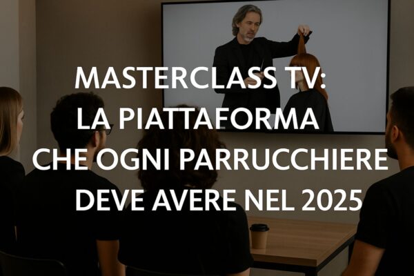 Parrucchieri che seguono una lezione online su grande schermo con Masterclass TV, piattaforma di formazione 2025.