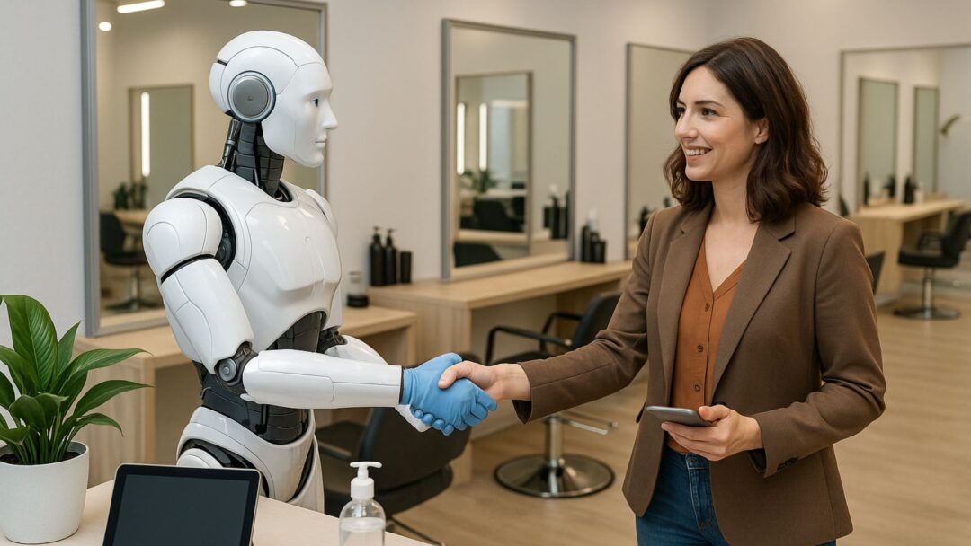 Donna stringe la mano a un robot receptionist in un salone moderno, simbolo di igiene, tecnologia e futuro dell’esperienza cliente.