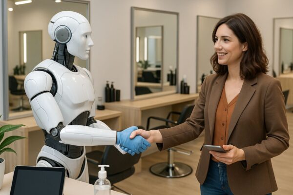 Donna stringe la mano a un robot receptionist in un salone moderno, simbolo di igiene, tecnologia e futuro dell’esperienza cliente.