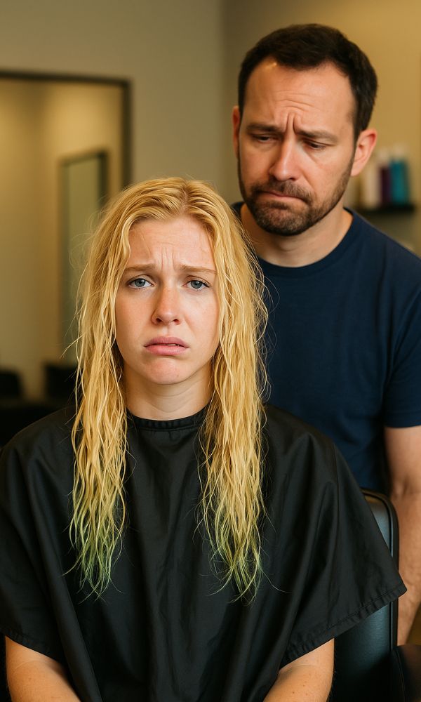 Donna bionda in salone con capelli virati al verde dal cloro, espressione disperata allo specchio, parrucchiere dietro con sguardo ironico.