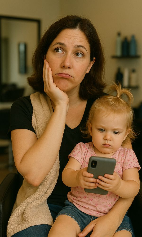 Madre seduta in salone con la figlia in braccio che gioca col telefono, sguardo stanco e preoccupato mentre aspetta il trattamento ai capelli.