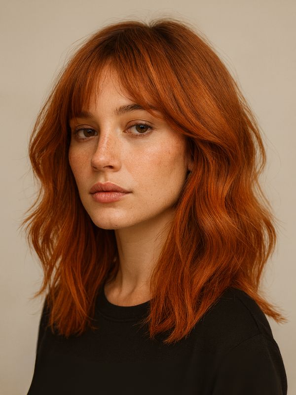 Ritratto di una giovane donna con capelli medio-lunghi color rame copper soft, ondulati e luminosi, tendenza capelli 2025.