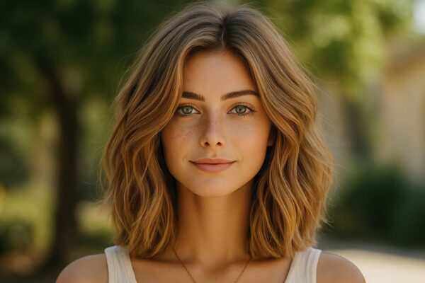 Ritratto orizzontale realistico di una donna con taglio Boho Lob castano chiaro, capelli mossi naturali e luce calda estiva, in stile editoriale moda capelli 2025.
