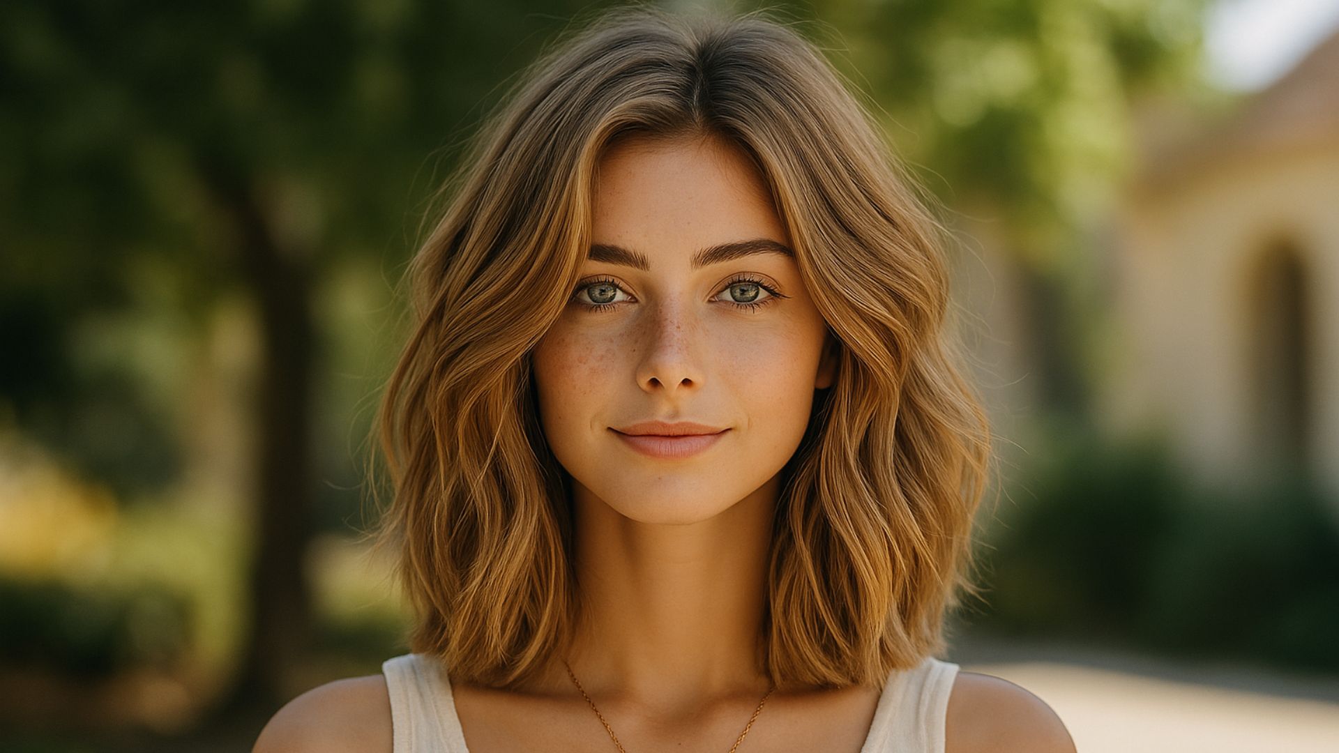 Ritratto orizzontale realistico di una donna con taglio Boho Lob castano chiaro, capelli mossi naturali e luce calda estiva, in stile editoriale moda capelli 2025.