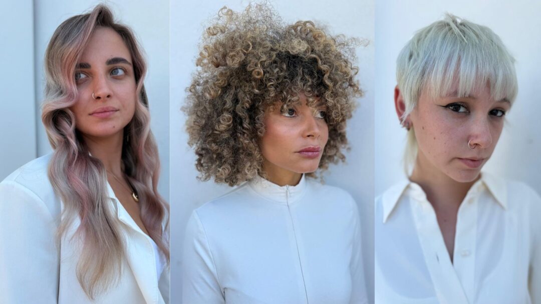 Tre modelli di capelli realizzati con Alfaparf SHINE: onde rosa perla, ricci definiti biondo miele e taglio corto platino.