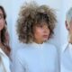 Tre modelli di capelli realizzati con Alfaparf SHINE: onde rosa perla, ricci definiti biondo miele e taglio corto platino.