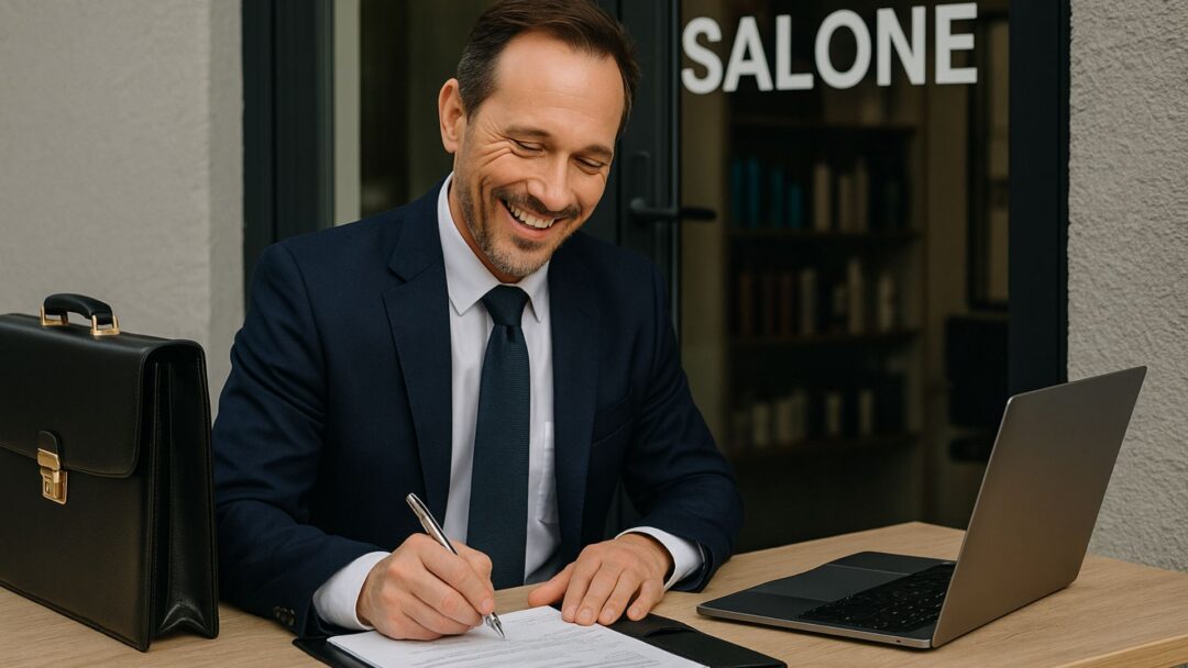 Rappresentante di successo scrive ordini davanti a un salone, sorridente e concentrato, con laptop e valigetta sul tavolo.
