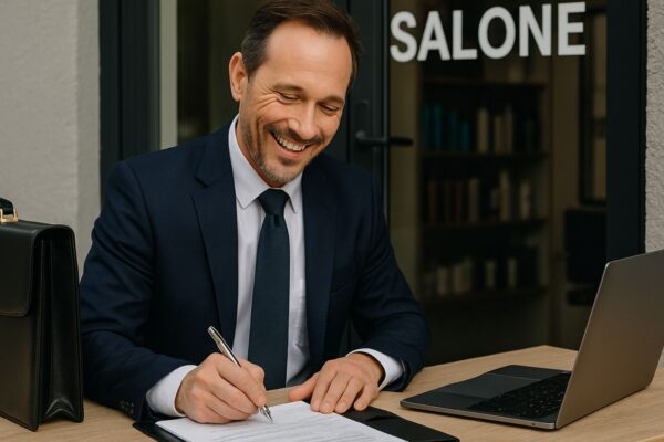 Rappresentante di successo scrive ordini davanti a un salone, sorridente e concentrato, con laptop e valigetta sul tavolo.