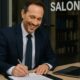 Rappresentante di successo scrive ordini davanti a un salone, sorridente e concentrato, con laptop e valigetta sul tavolo.