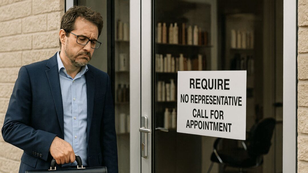 A disappointed sales representative stands outside a hair salon holding his briefcase, next to a door sign reading “No Representative – Call for Appointment.”