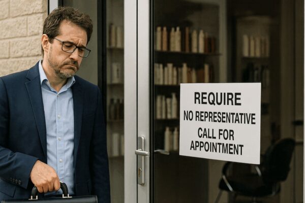 A disappointed sales representative stands outside a hair salon holding his briefcase, next to a door sign reading “No Representative – Call for Appointment.”