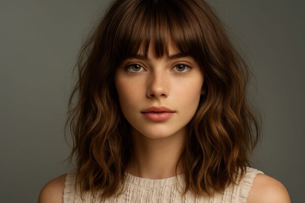 Donna con taglio Shaggy Cut medio e frangia piena, capelli castani mossi e texture naturale, fotografata in luce morbida da studio su sfondo neutro beige.