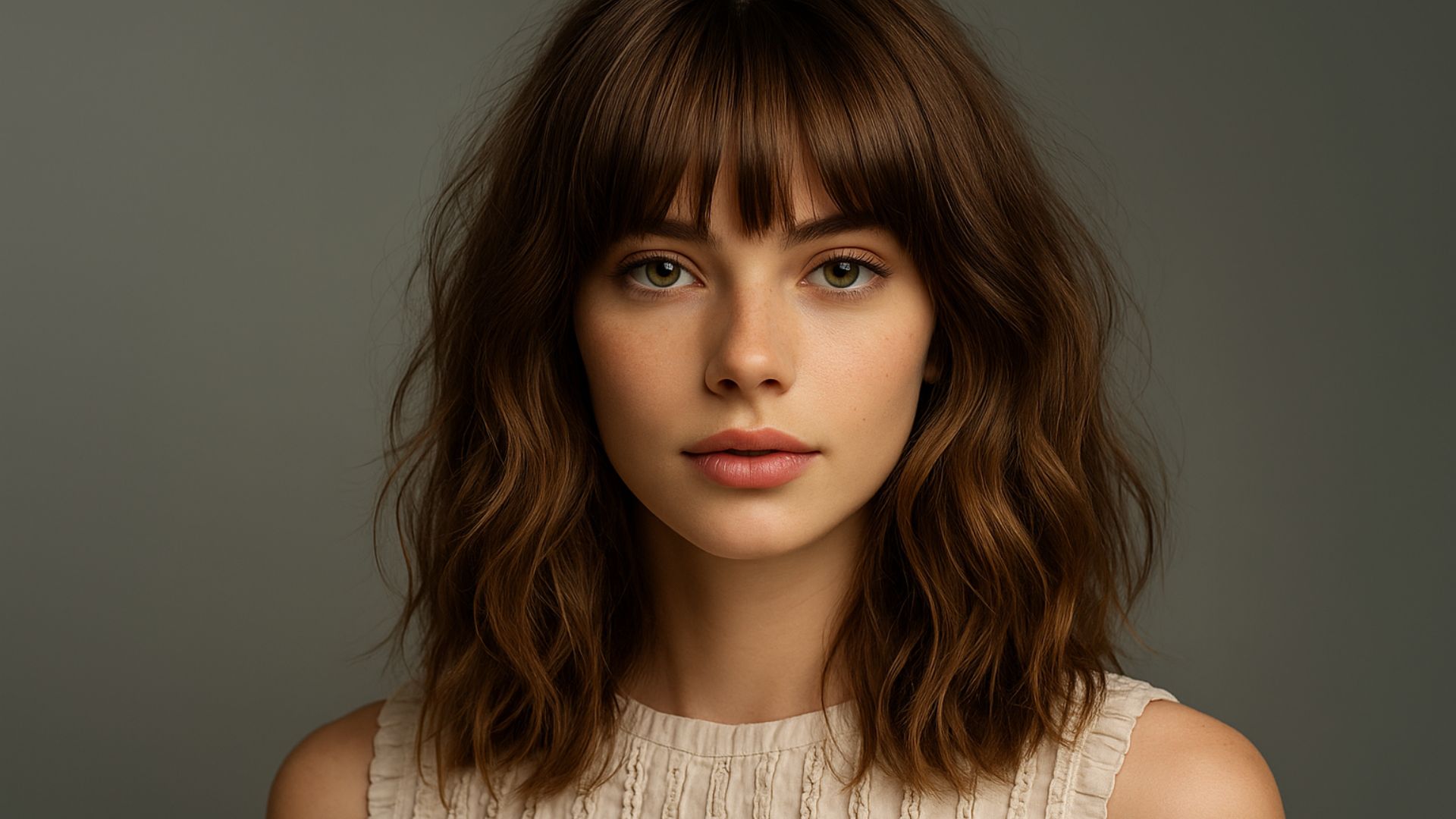 Donna con taglio Shaggy Cut medio e frangia piena, capelli castani mossi e texture naturale, fotografata in luce morbida da studio su sfondo neutro beige.