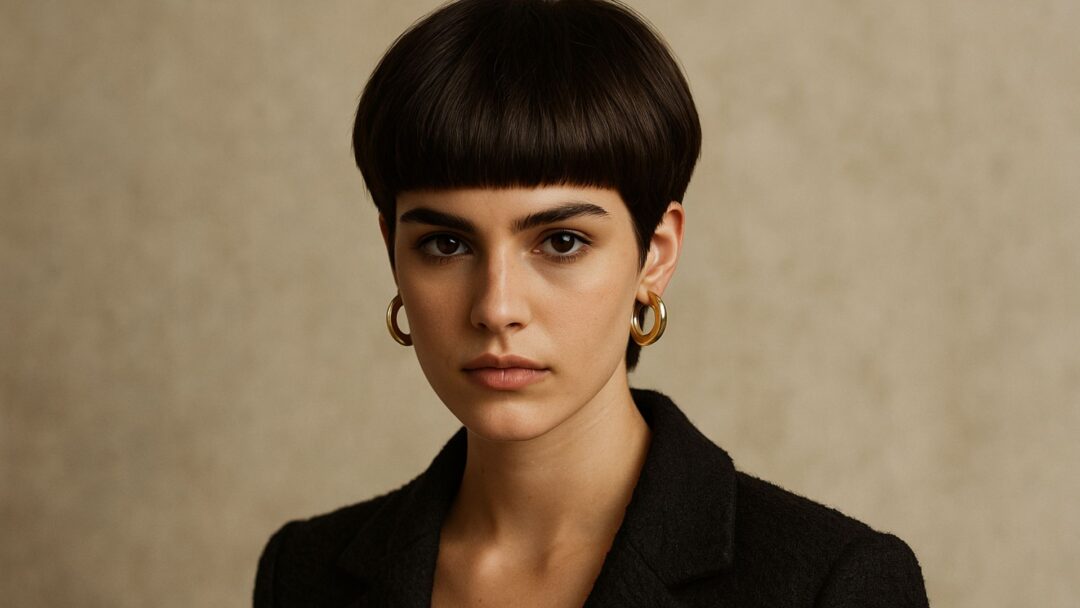 Modella con taglio bowl cut rivisitato, capelli castano cioccolato lucidi, styling elegante ispirato a Dolce & Gabbana, illuminazione da studio calda e sfondo neutro beige.