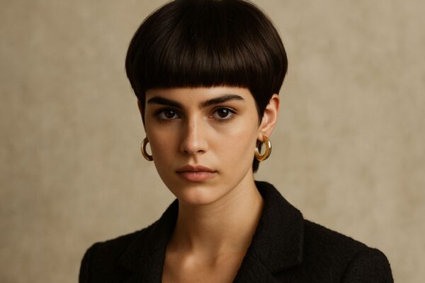 Modella con taglio bowl cut rivisitato, capelli castano cioccolato lucidi, styling elegante ispirato a Dolce & Gabbana, illuminazione da studio calda e sfondo neutro beige.