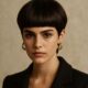 Modella con taglio bowl cut rivisitato, capelli castano cioccolato lucidi, styling elegante ispirato a Dolce & Gabbana, illuminazione da studio calda e sfondo neutro beige.