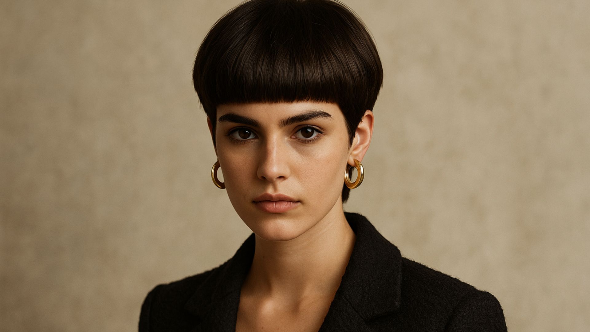Modella con taglio bowl cut rivisitato, capelli castano cioccolato lucidi, styling elegante ispirato a Dolce & Gabbana, illuminazione da studio calda e sfondo neutro beige.
