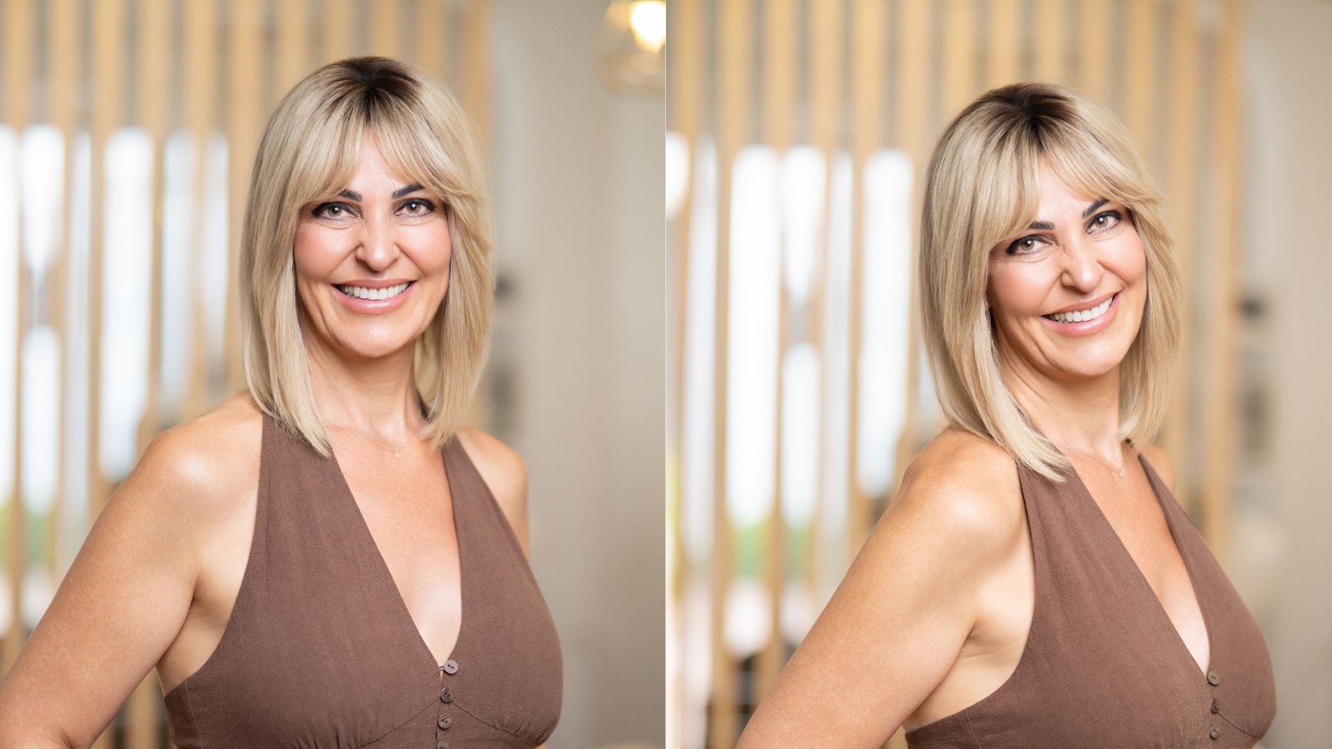 Donna sorridente con taglio medio biondo e frangia, esempio di risultato naturale ottenuto con il sistema Hairdreams MicroLines FreeStyle.