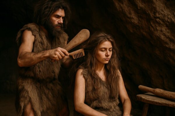 Parrucchiere preistorico che pettina una cliente all’interno di una caverna, utilizzando strumenti di legno in stile Flintstones.