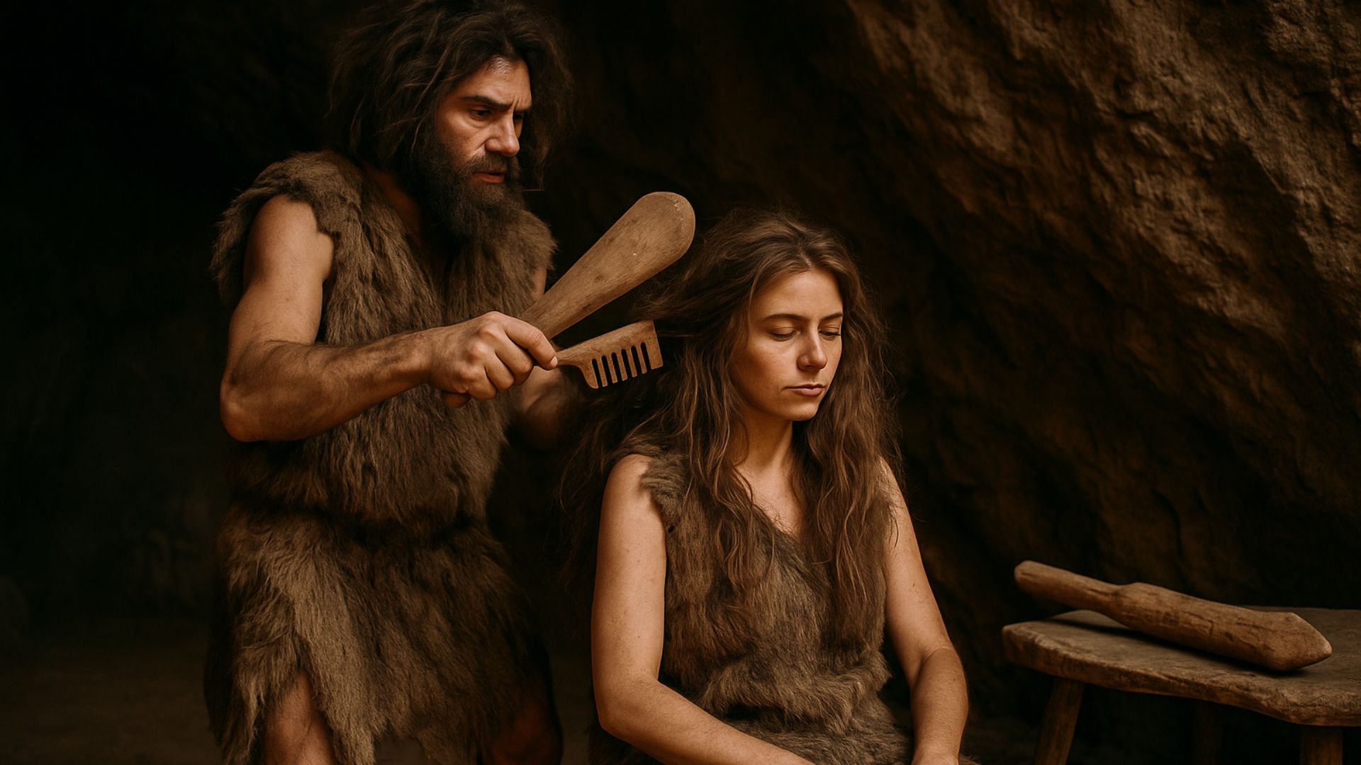 Parrucchiere preistorico che pettina una cliente all’interno di una caverna, utilizzando strumenti di legno in stile Flintstones.