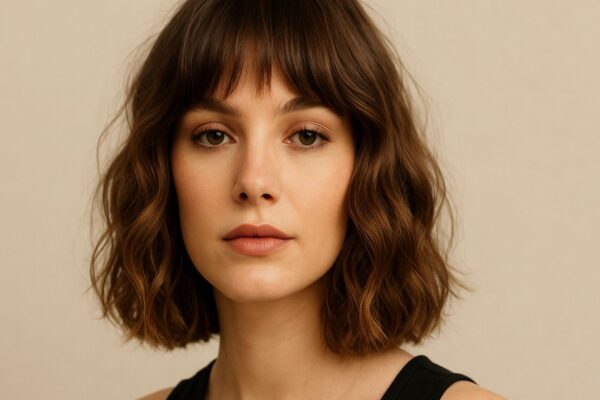 Modella con taglio Jelly Bob 2025, caschetto morbido con onde naturali e frangia leggera, tendenza capelli del 2025.