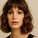 Modella con taglio Jelly Bob 2025, caschetto morbido con onde naturali e frangia leggera, tendenza capelli del 2025.