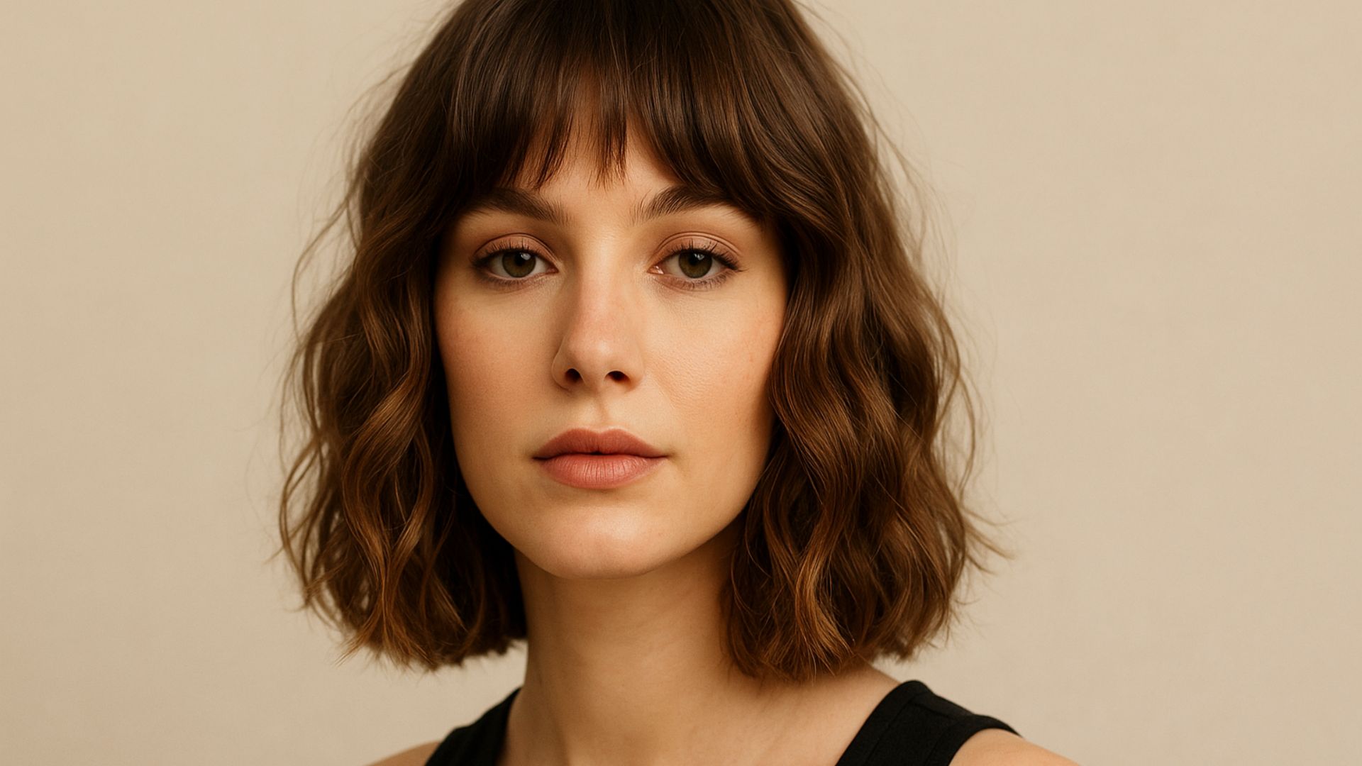 Modella con taglio Jelly Bob 2025, caschetto morbido con onde naturali e frangia leggera, tendenza capelli del 2025.