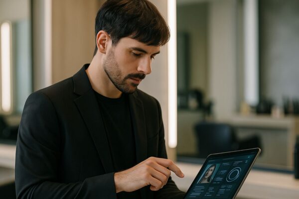 Parrucchiere moderno utilizza tablet AI in salone elegante, con luce naturale e atmosfera professionale.