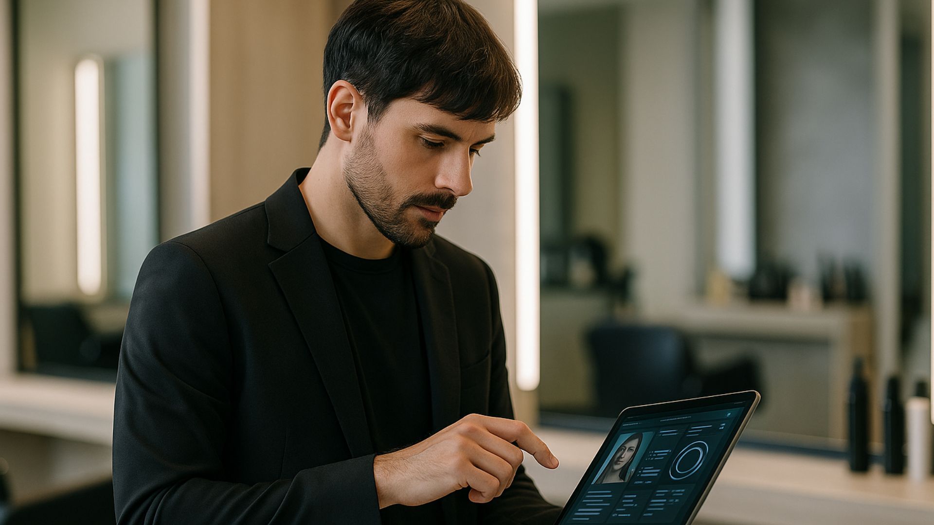 Parrucchiere moderno utilizza tablet AI in salone elegante, con luce naturale e atmosfera professionale.