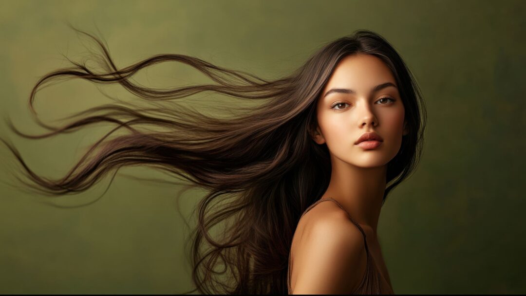 Modella con capelli castano naturale e riflessi luminosi, styling elegante e texture compatta, ispirazione brunette neutrale 2025.