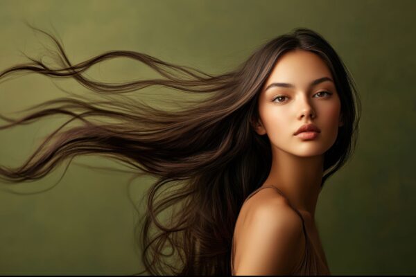 Modella con capelli castano naturale e riflessi luminosi, styling elegante e texture compatta, ispirazione brunette neutrale 2025.