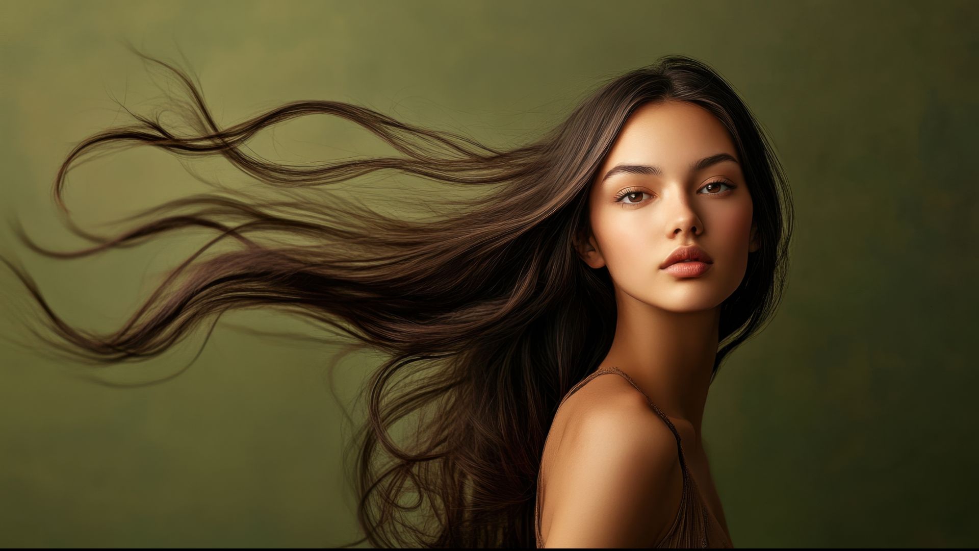 Modella con capelli castano naturale e riflessi luminosi, styling elegante e texture compatta, ispirazione brunette neutrale 2025.