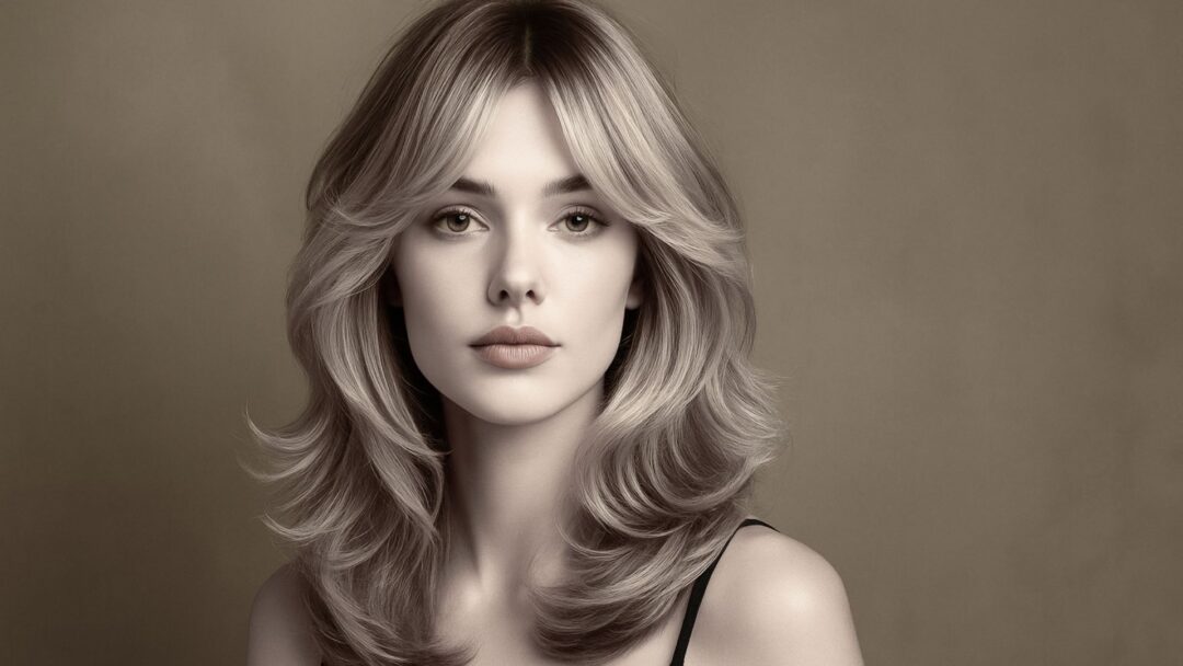 Modella con taglio Butterfly, capelli lunghi e scalati, onde morbide e lucenti, styling fashion-editoriale in studio professionale.