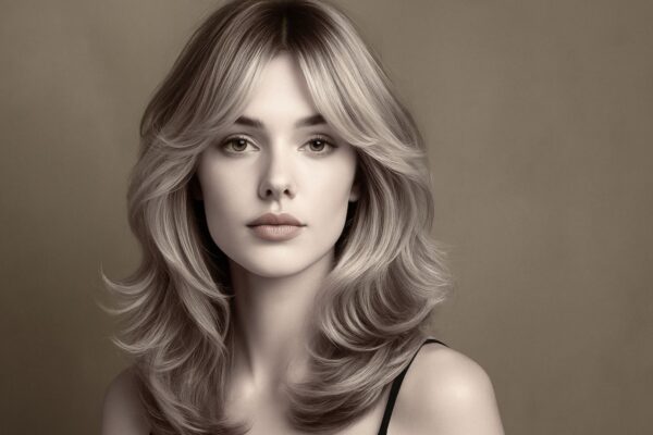 Modella con taglio Butterfly, capelli lunghi e scalati, onde morbide e lucenti, styling fashion-editoriale in studio professionale.