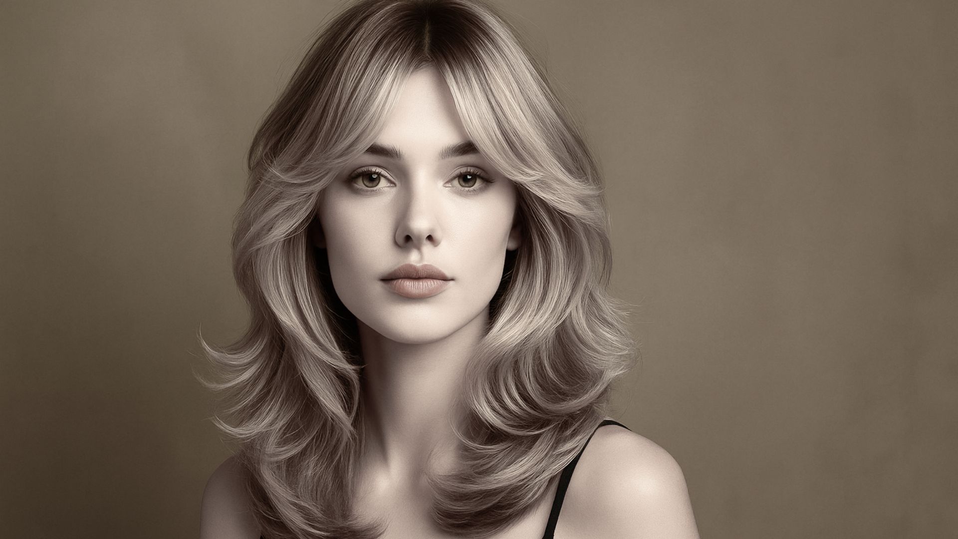 Modella con taglio Butterfly, capelli lunghi e scalati, onde morbide e lucenti, styling fashion-editoriale in studio professionale.