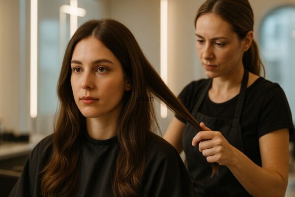 Modella con capelli castano naturale in un salone moderno, illuminato da luce calda, mentre uno stylist professionista lavora sul suo look.